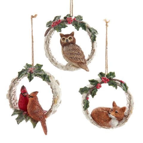 Assorted Wildlife Animal In Wreath Ornament, INDIVIDUALLY SOLD