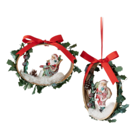 Assorted Santa In Wreath Ornament, INDIVIDUALLY SOLD