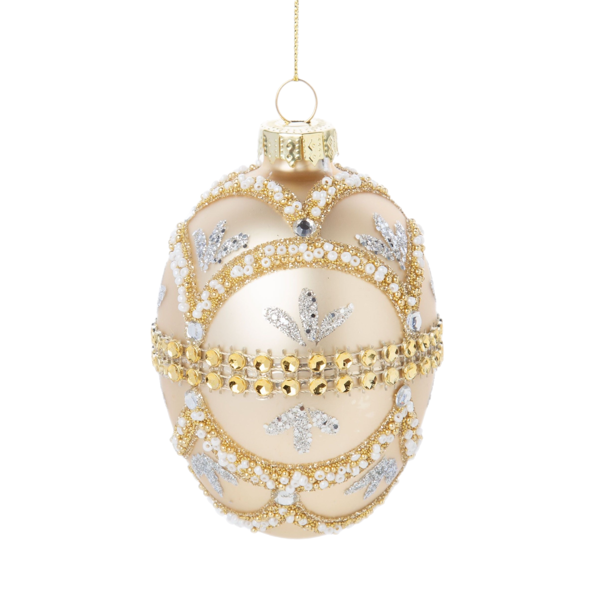 Gold And White Beaded Egg Ornament