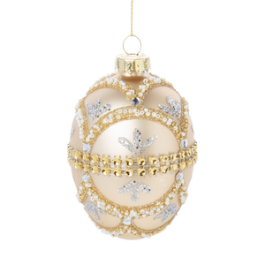 Gold And White Beaded Egg Ornament