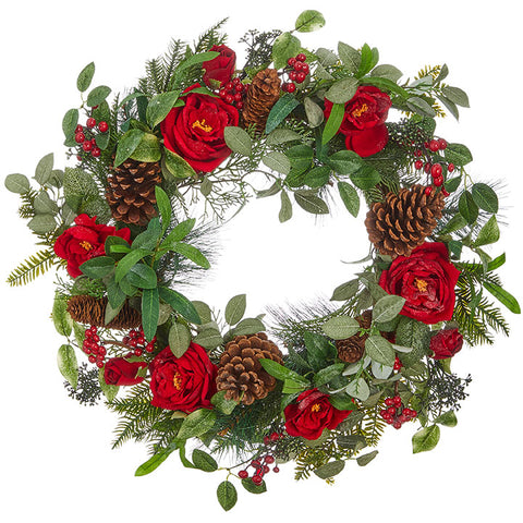 24" Red Rose Pinecone And Holly Wreath