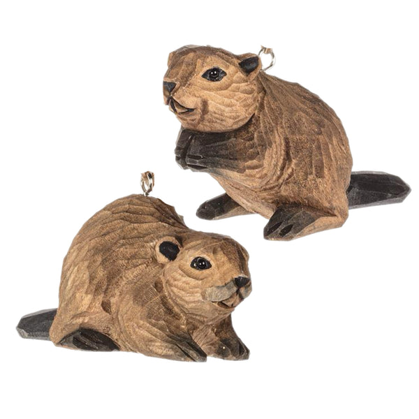 Assorted Wood Carved Beaver Ornament, INDIVIDUALLY SOLD