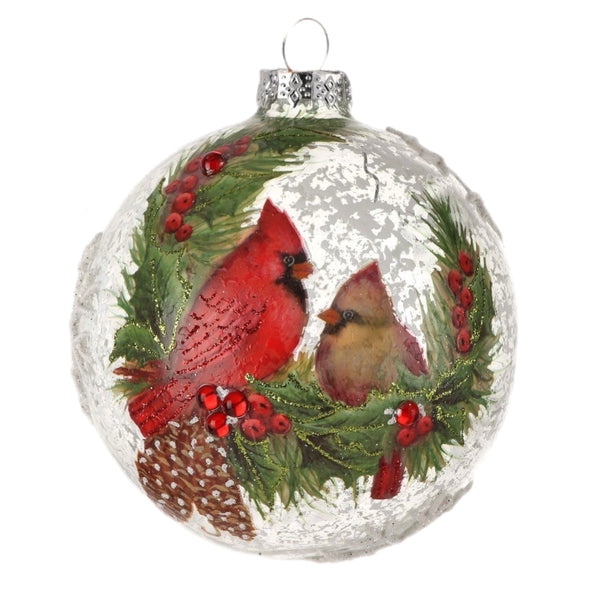 Assorted Cardinals In Pine Wreath Ball, INDIVIDUALLY SOLD