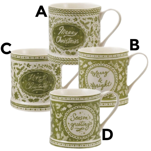 Assorted Green & White Holiday Mug, INDIVIDUALLY SOLD