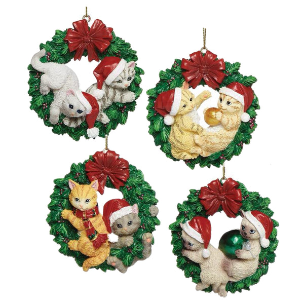 Assorted Cat In Wreath Ornament, INDIVIDUALLY SOLD