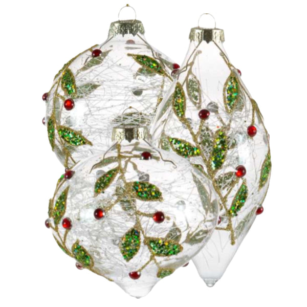 Assorted Spun Glass Interior Holly Ball, INDIVIDUALLY SOLD