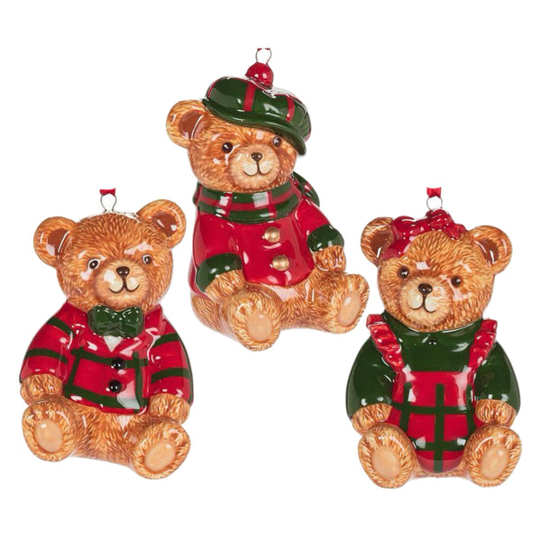 Assorted Teddy Bear In Red & Green Outfit Ornament, INDIVIDUALLY SOLD