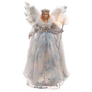 16" Lit Angel In Silver Dress With Blue Snowflakes Tree Topper