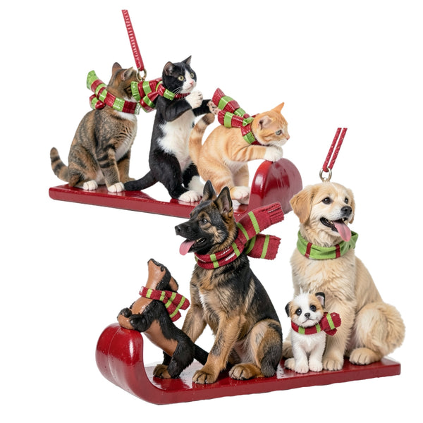 Assorted Cats &  Dogs On Sled Ornament, INDIVIDUALLY SOLD