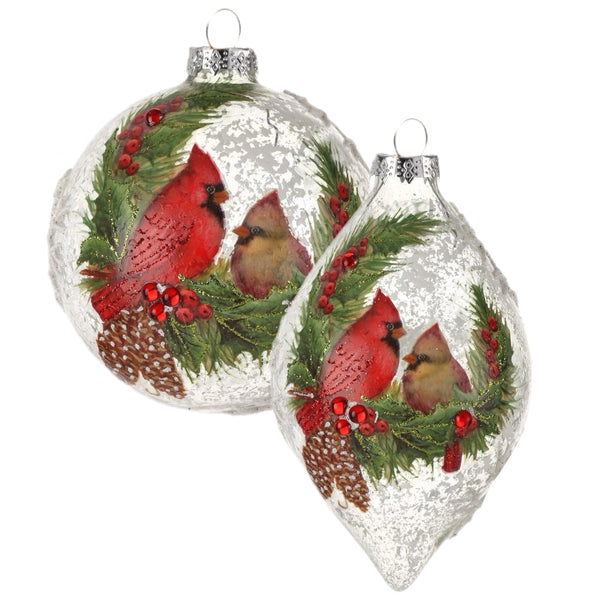 Assorted Cardinals In Pine Wreath Ball, INDIVIDUALLY SOLD