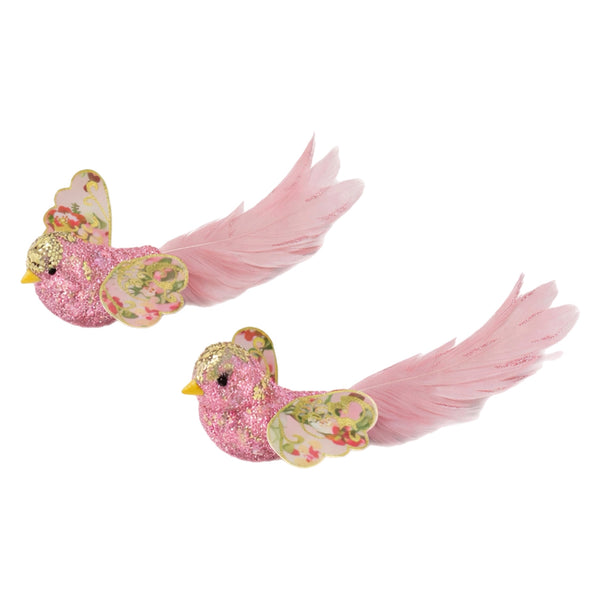 Assorted Pink With Flower Wings Clip On Bird Ornament, INDIVIDUALLY SOLD
