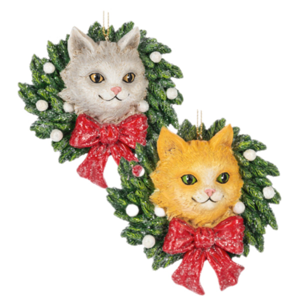 Assorted Cat In Wreath Ornament, INDIVIDUALLY SOLD