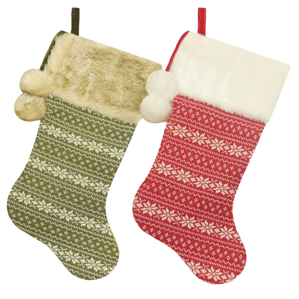Assorted 20.5" Snowflake With Pom Pom Stocking, INDIVIDUALLY SOLD