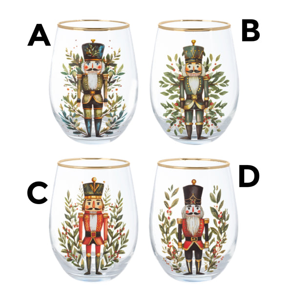 Assorted Stemless Nutcracker Wine Glass, INDIVIDUALLY SOLD