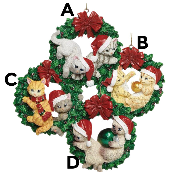 Assorted Cat In Wreath Ornament, INDIVIDUALLY SOLD
