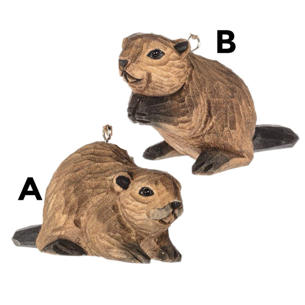 Assorted Wood Carved Beaver Ornament, INDIVIDUALLY SOLD
