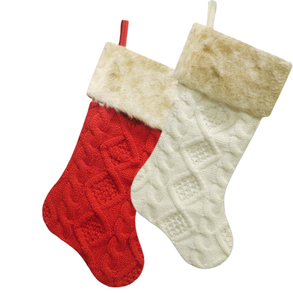 Assorted 20.5" Cable Knit With Fur Trim Stocking, INDIVIDUALLY SOLD