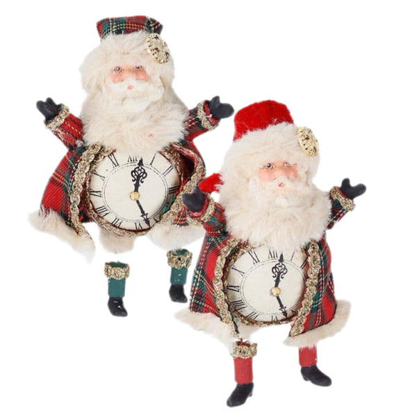 Assorted  Tartan Clock Santa Ornament, INDIVIDUALLY SOLD