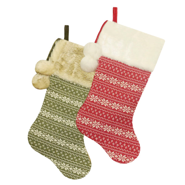 Assorted 20.5" Snowflake With Pom Pom Stocking, INDIVIDUALLY SOLD