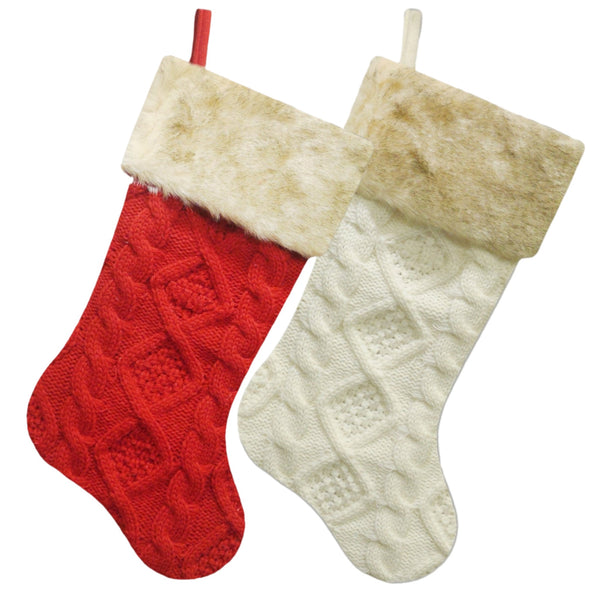 Assorted 20.5" Cable Knit With Fur Trim Stocking, INDIVIDUALLY SOLD