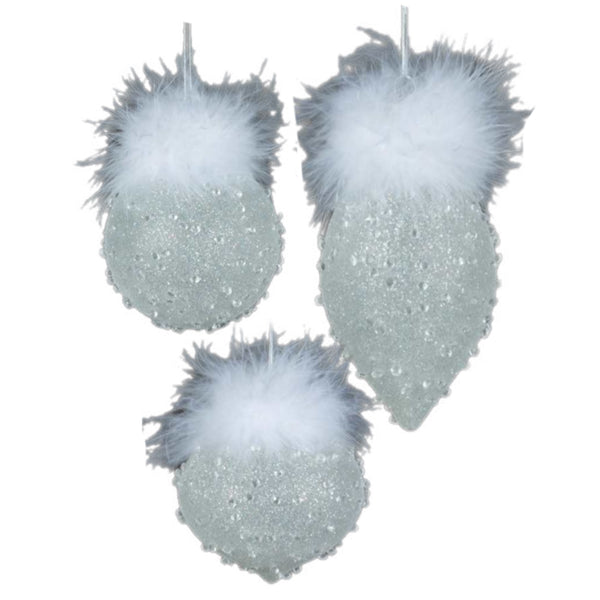 Assorted White Iced With Feathers Ball, INDIVIDUALLY SOLD