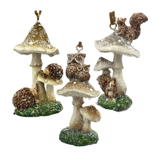 Assorted Woodland Animal On Mushroom Ornament, INDIVIDUALLY SOLD