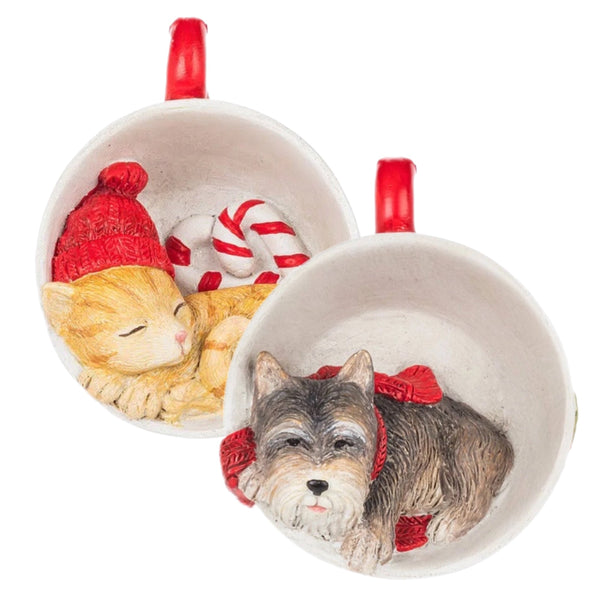 Assorted Cat & Dog In Teacup Ornament, INDIVIDUALLY SOLD