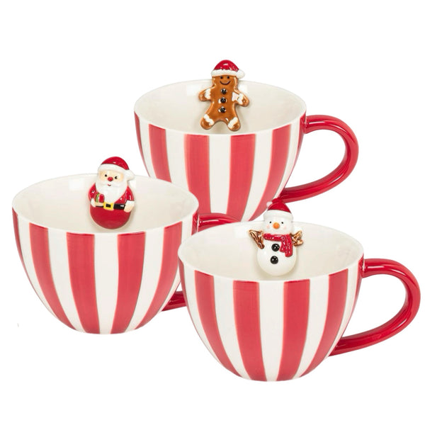 Red & White Striped Christmas Character Mug, INDIVIDUALLY SOLD
