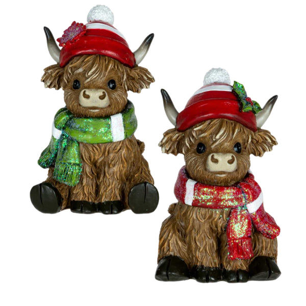 Assorted Highland Cow In Scarf Figurine, INDIVIDUALLY SOLD