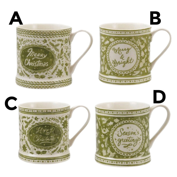 Assorted Green & White Holiday Mug, INDIVIDUALLY SOLD