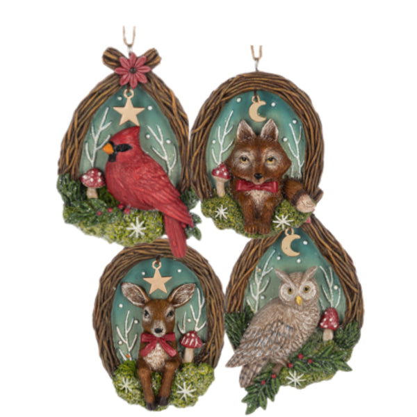 Assorted Woodland Animal In Twig Wreath Ornament, INDIVIDUALLY SOLD