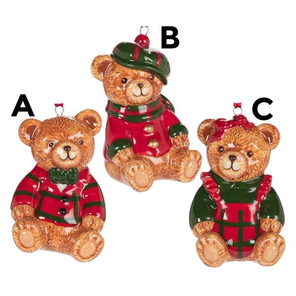 Assorted Teddy Bear In Red & Green Outfit Ornament, INDIVIDUALLY SOLD