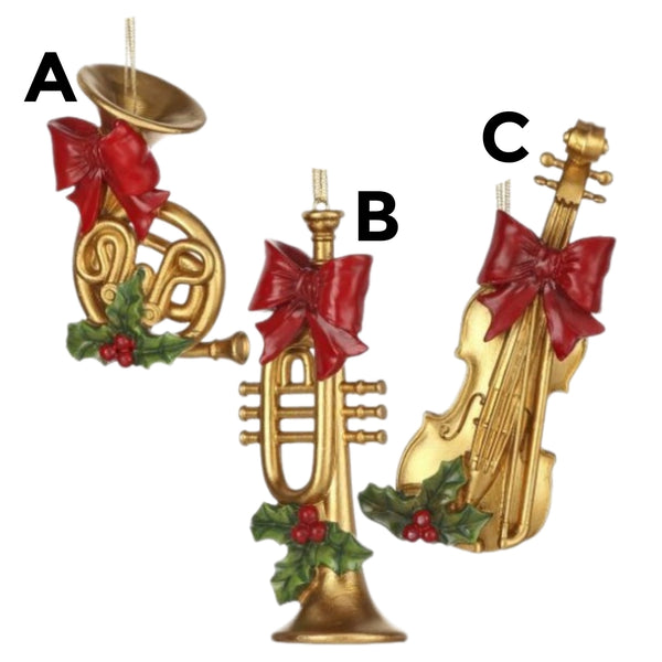 Assorted Gold Musical Instrument With Bow Ornaments, INDIVIDUALLY SOLD