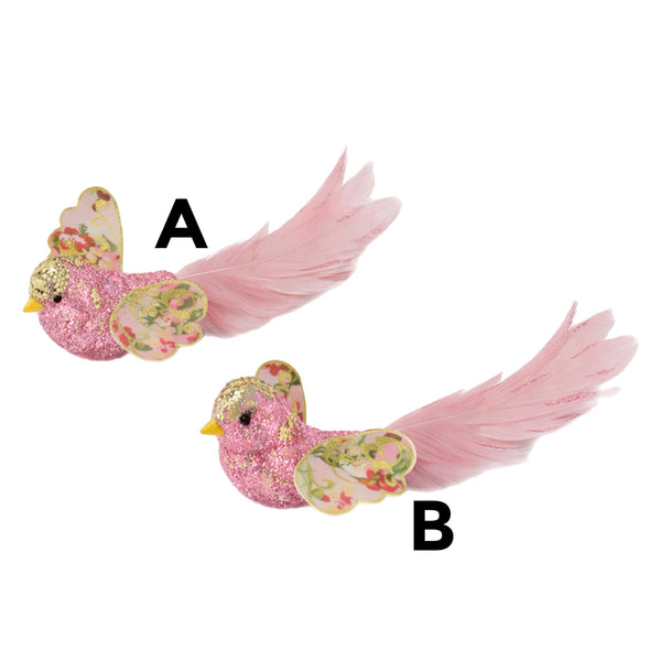 Assorted Pink With Flower Wings Clip On Bird Ornament, INDIVIDUALLY SOLD