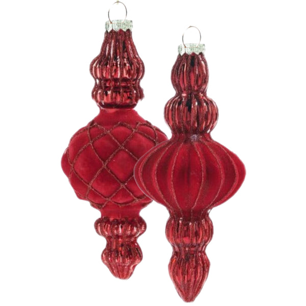 Assorted Red Flocked Finial Ball, INDIVIDUALLY SOLD