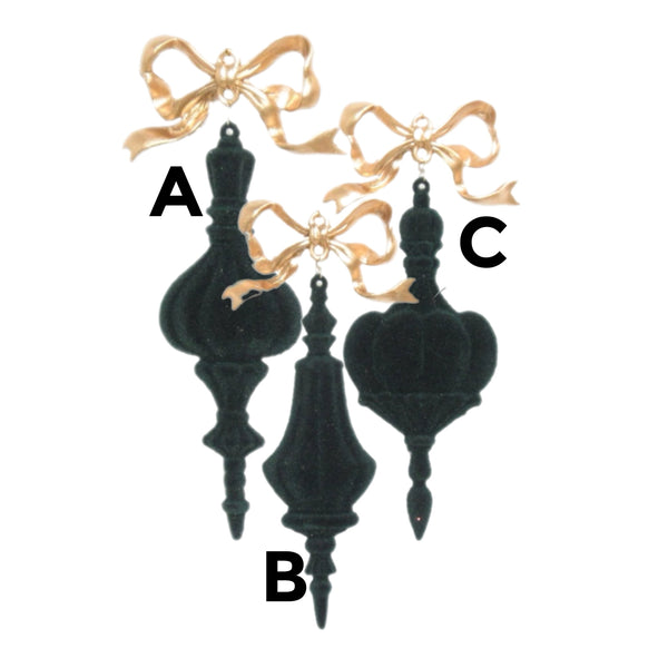 Assorted Bow Dark Green Flocked Finial Ornament, INDIVIDUALLY SOLD