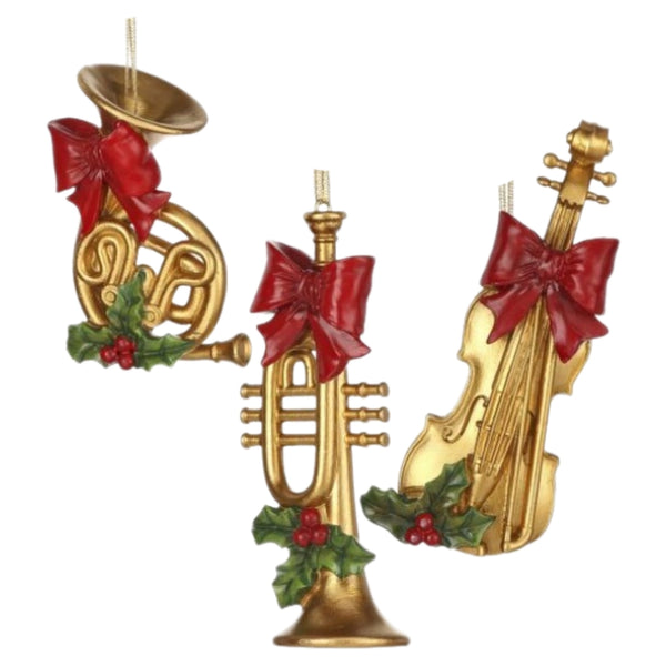 Assorted Gold Musical Instrument With Bow Ornaments, INDIVIDUALLY SOLD