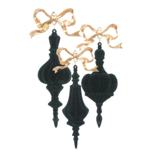 Assorted Bow Dark Green Flocked Finial Ornament, INDIVIDUALLY SOLD