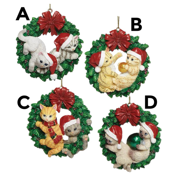 Assorted Cat In Wreath Ornament, INDIVIDUALLY SOLD
