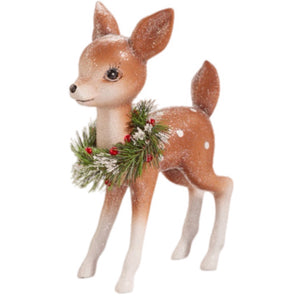 Retro Standing Deer Wearing Wreath Figurine