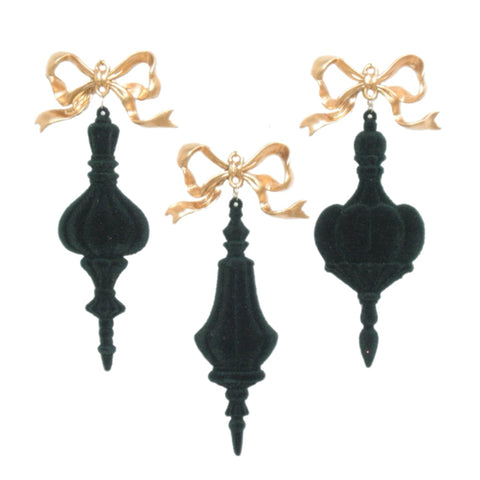 Assorted Bow Dark Green Flocked Finial Ornament, INDIVIDUALLY SOLD