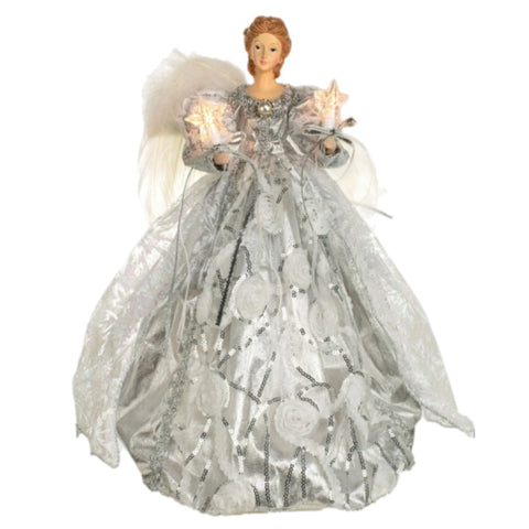 14" Lit Angel In Silver & White Dress Tree Topper