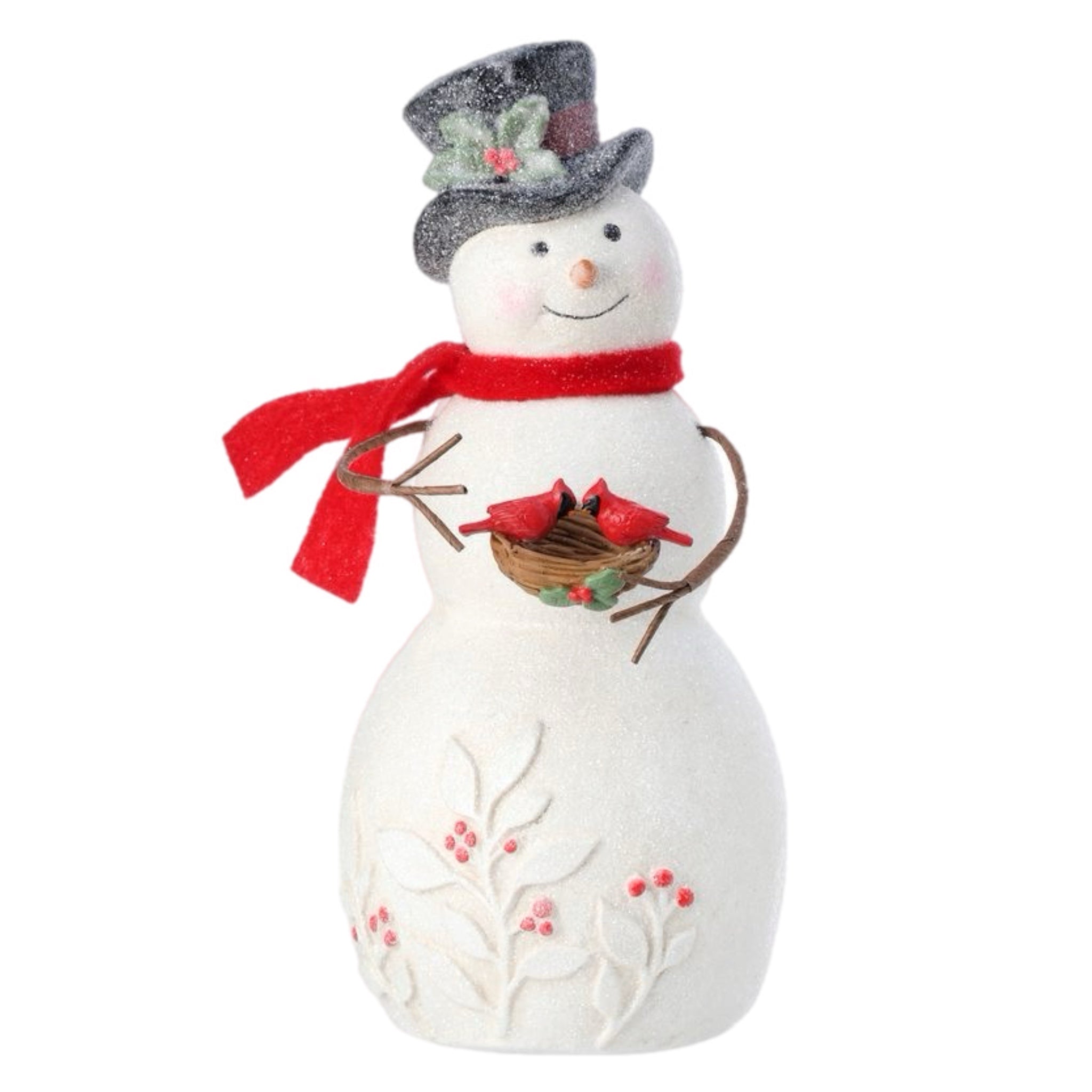 Snowman Holding Cardinal Nest Figurine