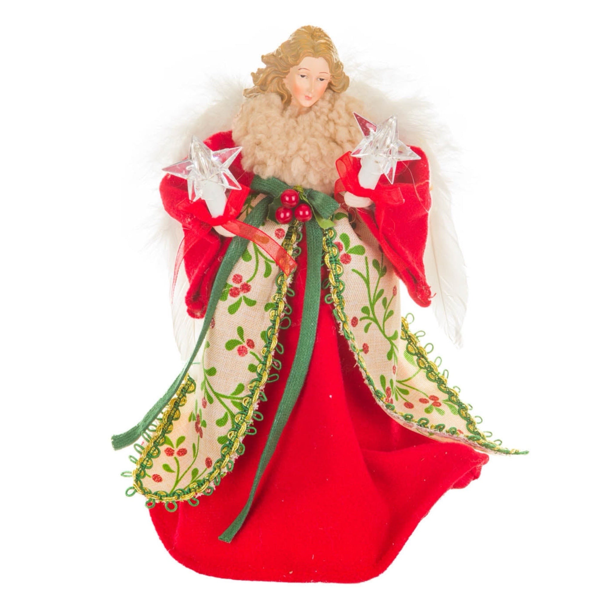 10" Lit Angel In Holly And Red  Dress Tree Topper