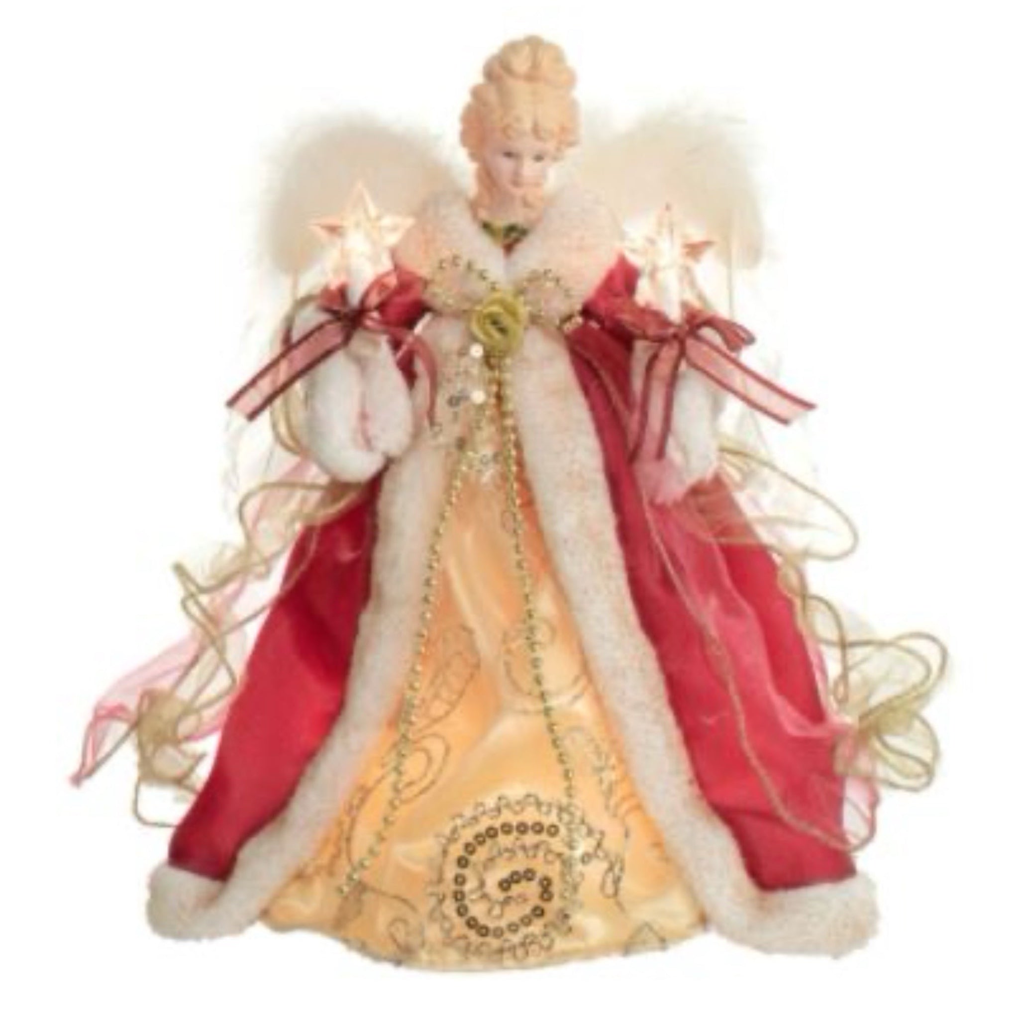 12" Lit Angel In Red And Gold Swirl Dress Tree Topper