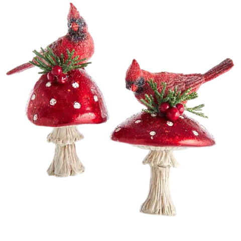 Assorted Cardinal On Mushroom Ornament, INDIVIDUALLY SOLD