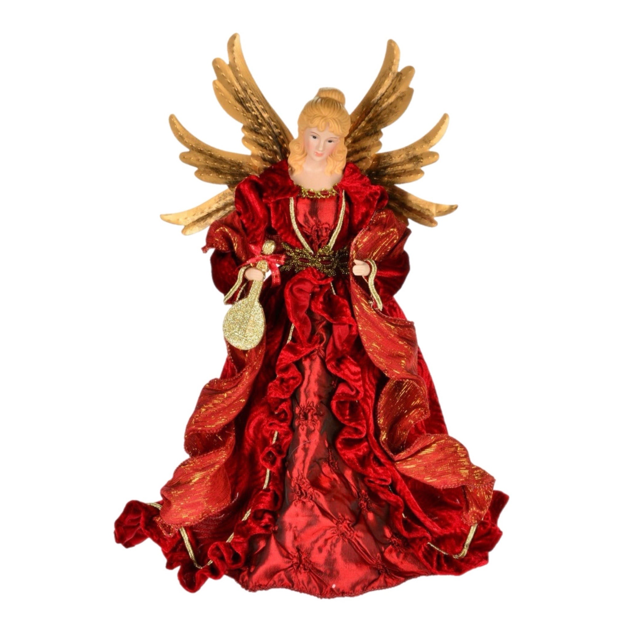 16" Non Lit Angel With Gold Wings In Red Dress Tree Topper