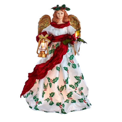 16" Lit Angel Holding Lantern In Holly Dress Tree Topper