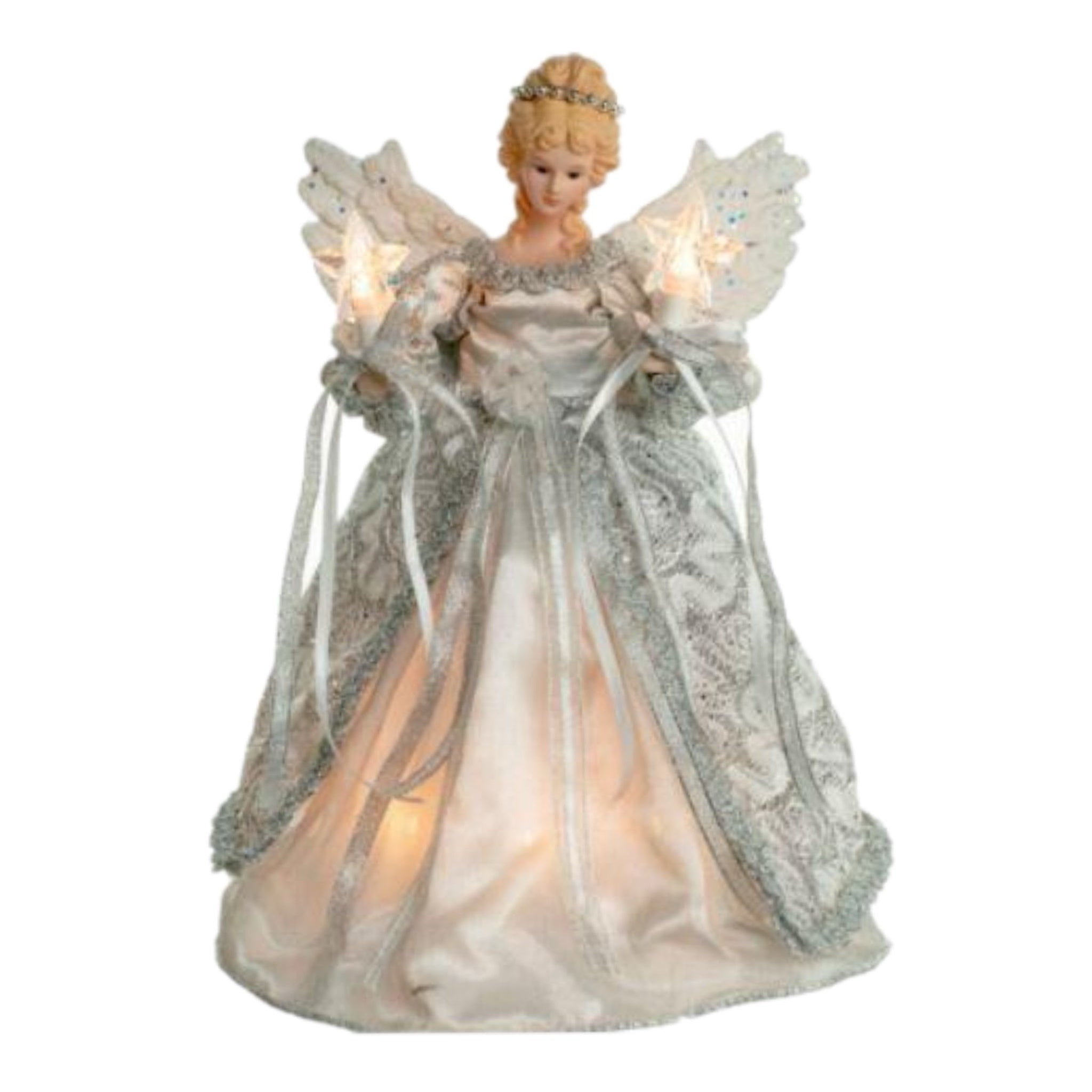 12" Lit Angel In Silver Dress Tree Topper