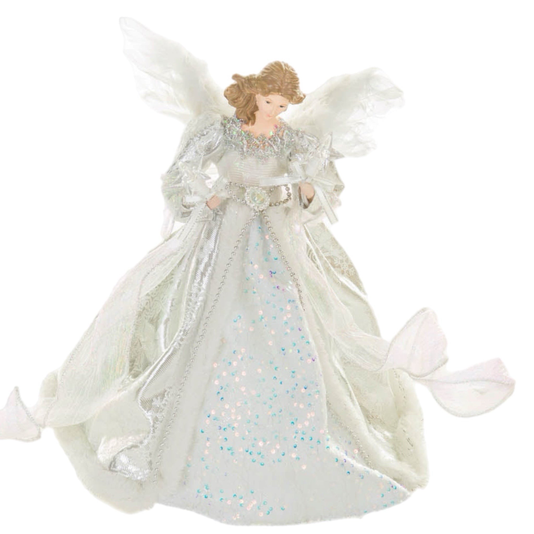 15" Lit Angel In Silver And White Dress Tree Topper